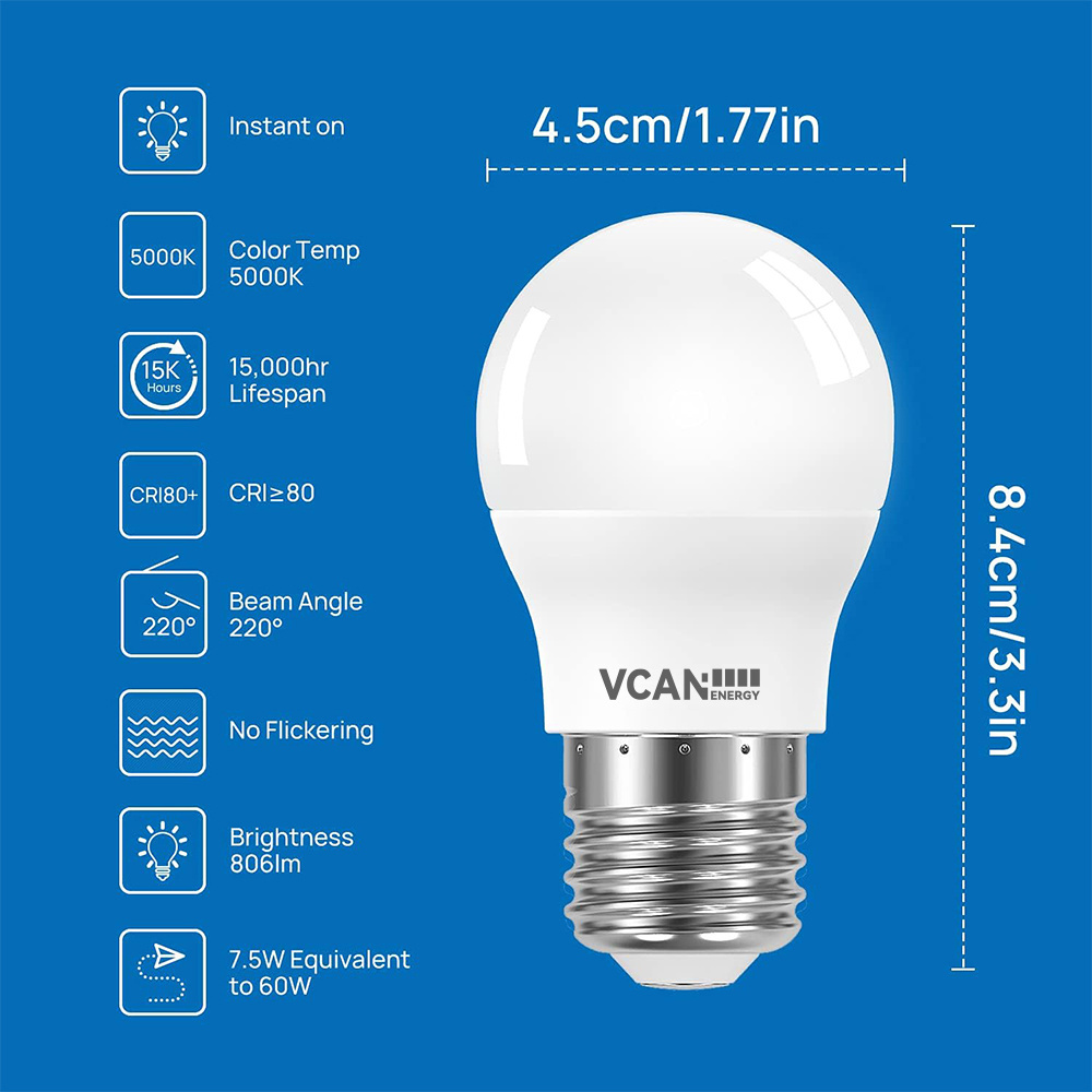 VCAN E27 7.5W Golf Ball Bulbs 60W Equivalent 860 Lumen Daylight 5000K Edison Screw Bulbs AC 220-240V Non-Dimmable E27 Led Bulb