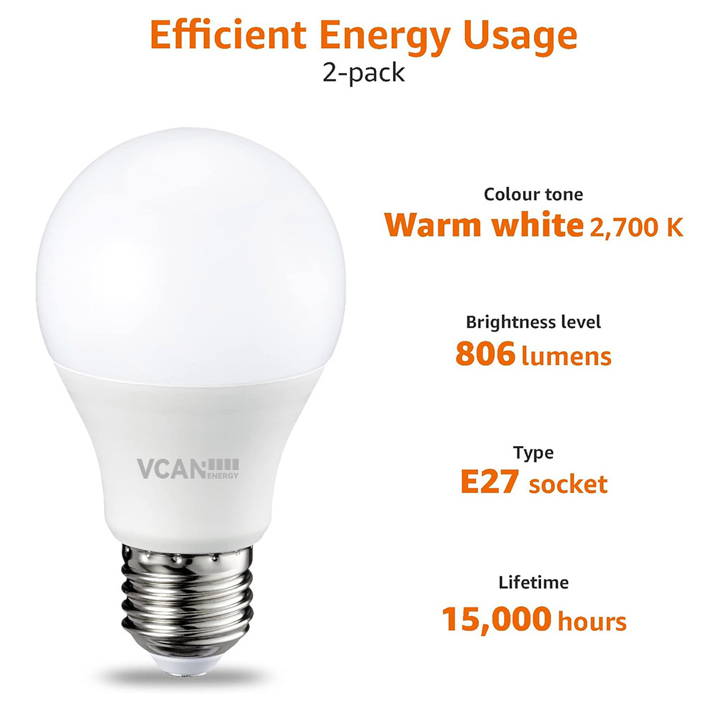 VCAN E27 LED Bulbs 9W 60W Equivalent 806LM Lumens 2700K A60 Super Bright Energy Saving Light Bulbs Non-Dimmable E27 Led Bulb