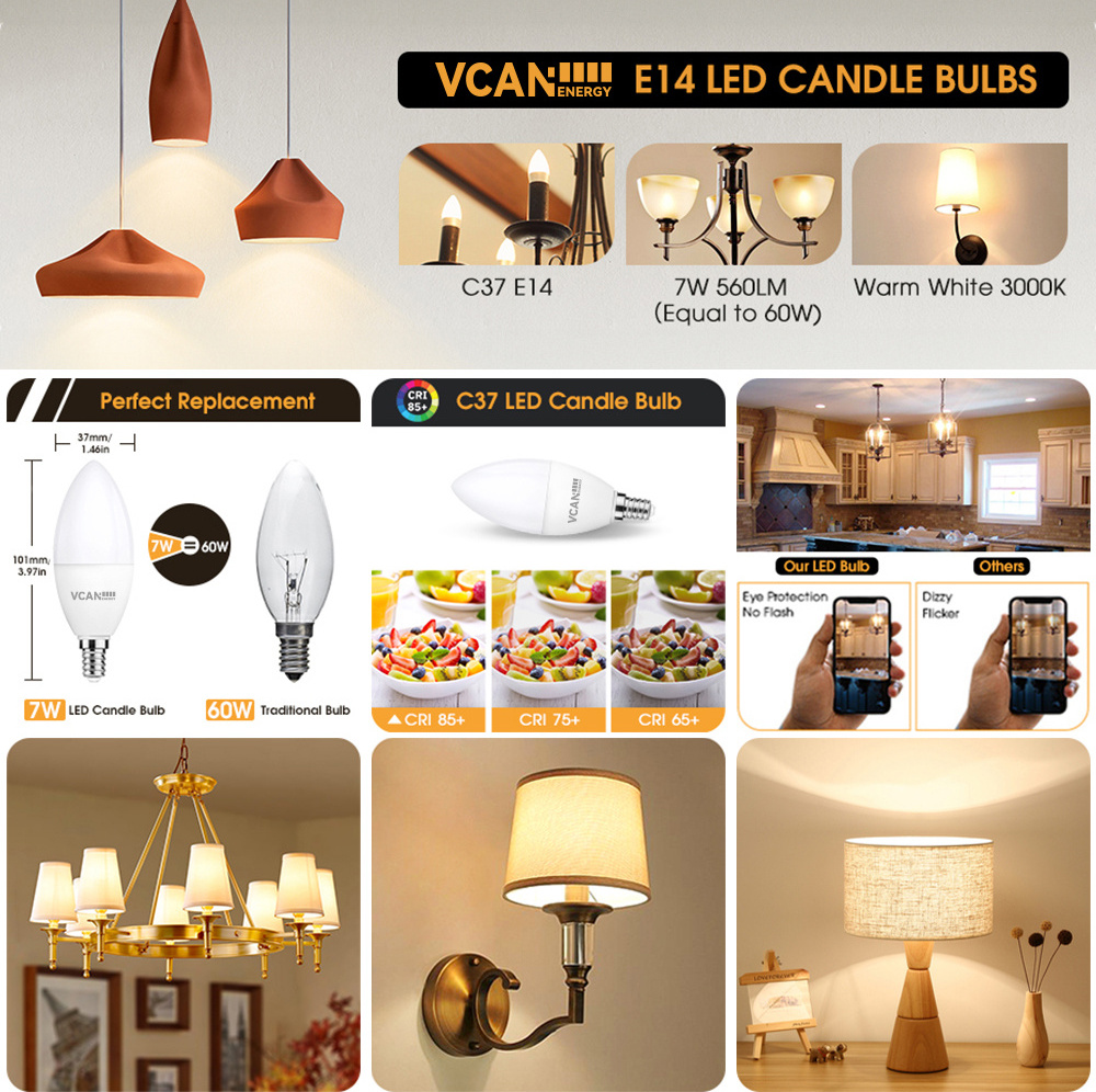 VCAN  E14 LED Light Bulb Warm White 60W Equivalent 7W E14 Screw Candle Light Bulbs 3000K 560LM C37 E14 LED Candle Light Bulb