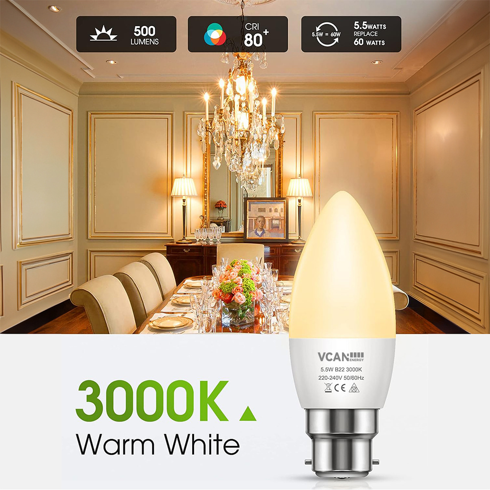 VCAN B22 LED Candle Bulb Bayonet Cap 500LM 5.5W Light 60W Incandescent Bulb Equivalent Warm White 3000K Led Bulb