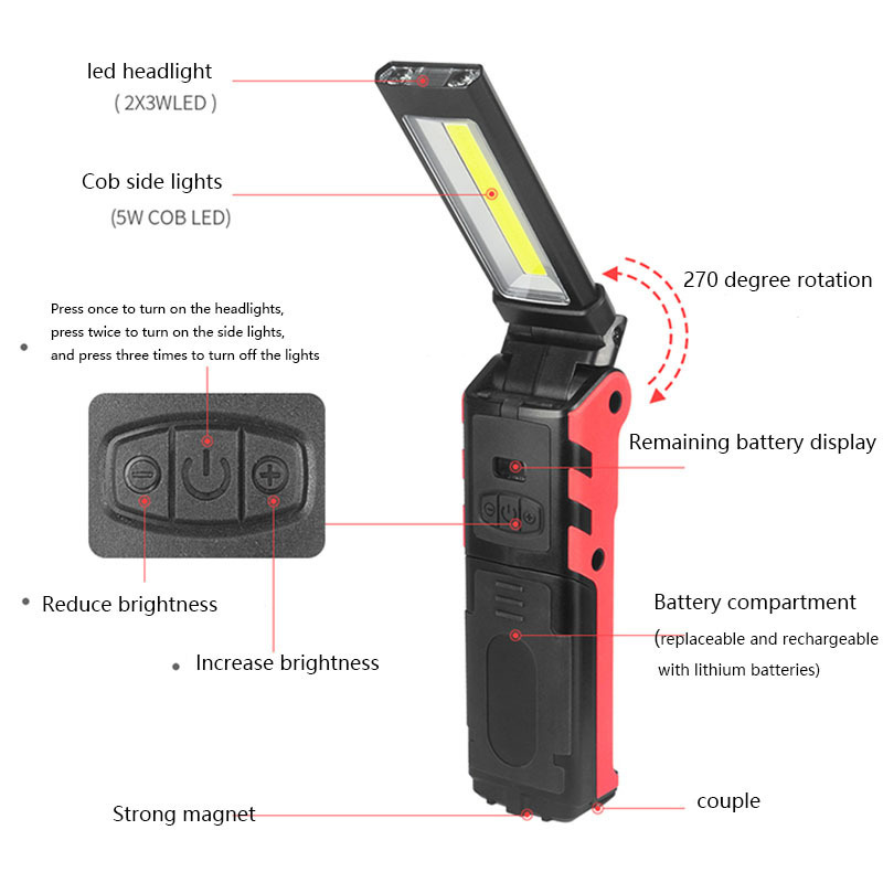 Usb Rechargeable Flexible Car Inspection Repair Flashlight Cob Led Work Light, Foldable Cob Work Light