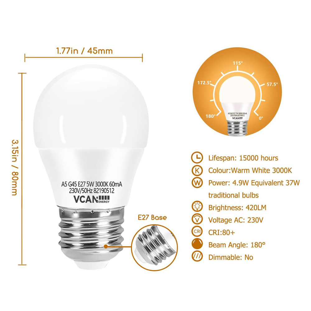 VACN E27 5W Golf Ball Bulb G45 3000K Warm White  Bulb 35W Incandescent Equivalent outdoor garden lighting decoration Led Bulb