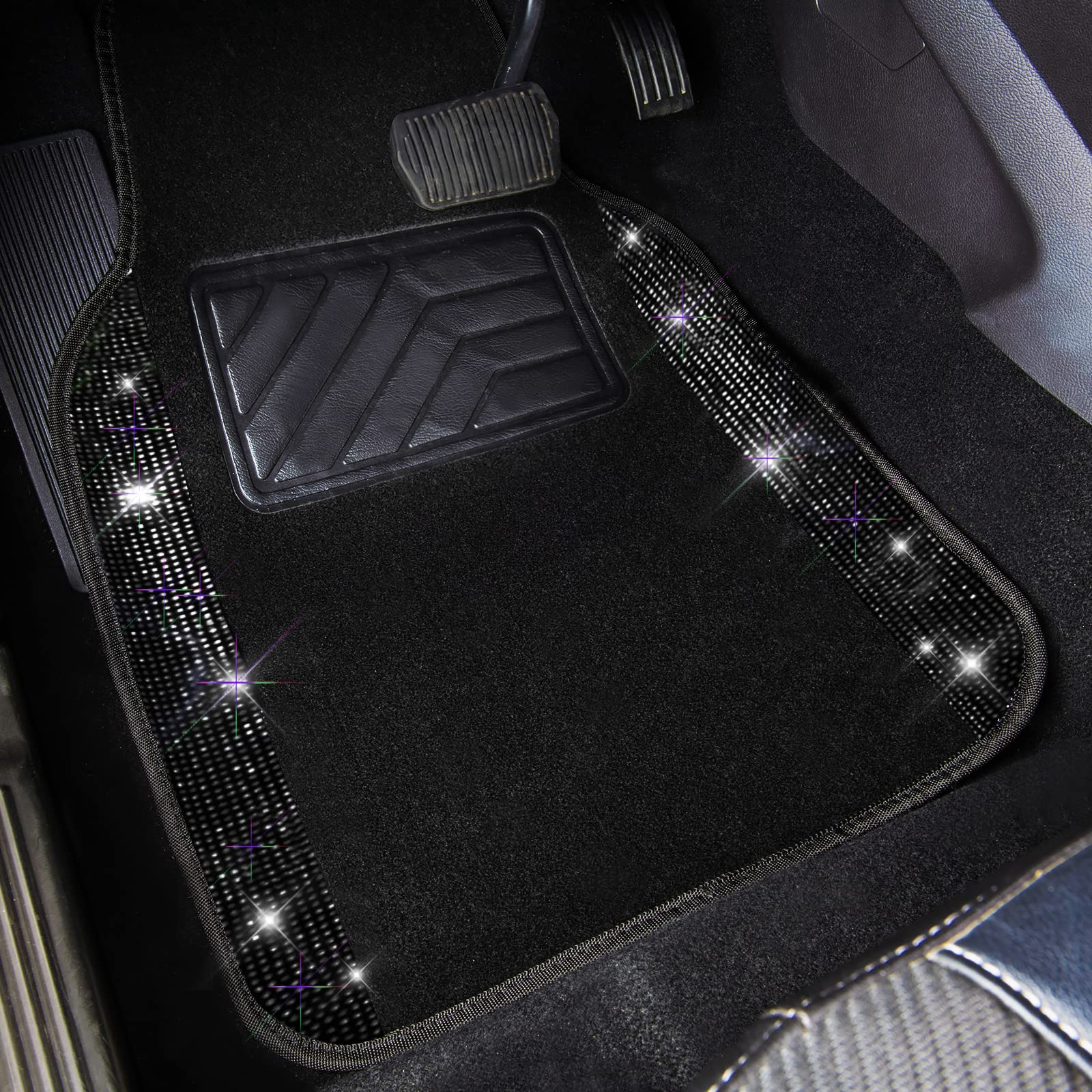 Bling Diamond Car Floor Mats, Shining Rhinestone Carpet Sparkly Glitter Crystal with Anti-Slip PVC Heel Pad Waterproof car mats