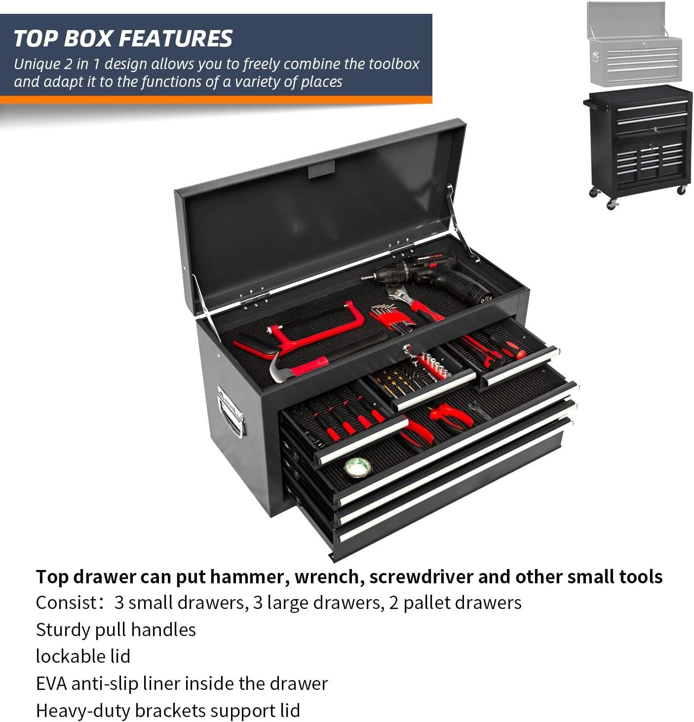 8 Drawers Rolling Tool Chest Storage  on 4 Wheels  High Capacity Tool Trolly Box with Lock for Garage Warehouse Tool Cabinet