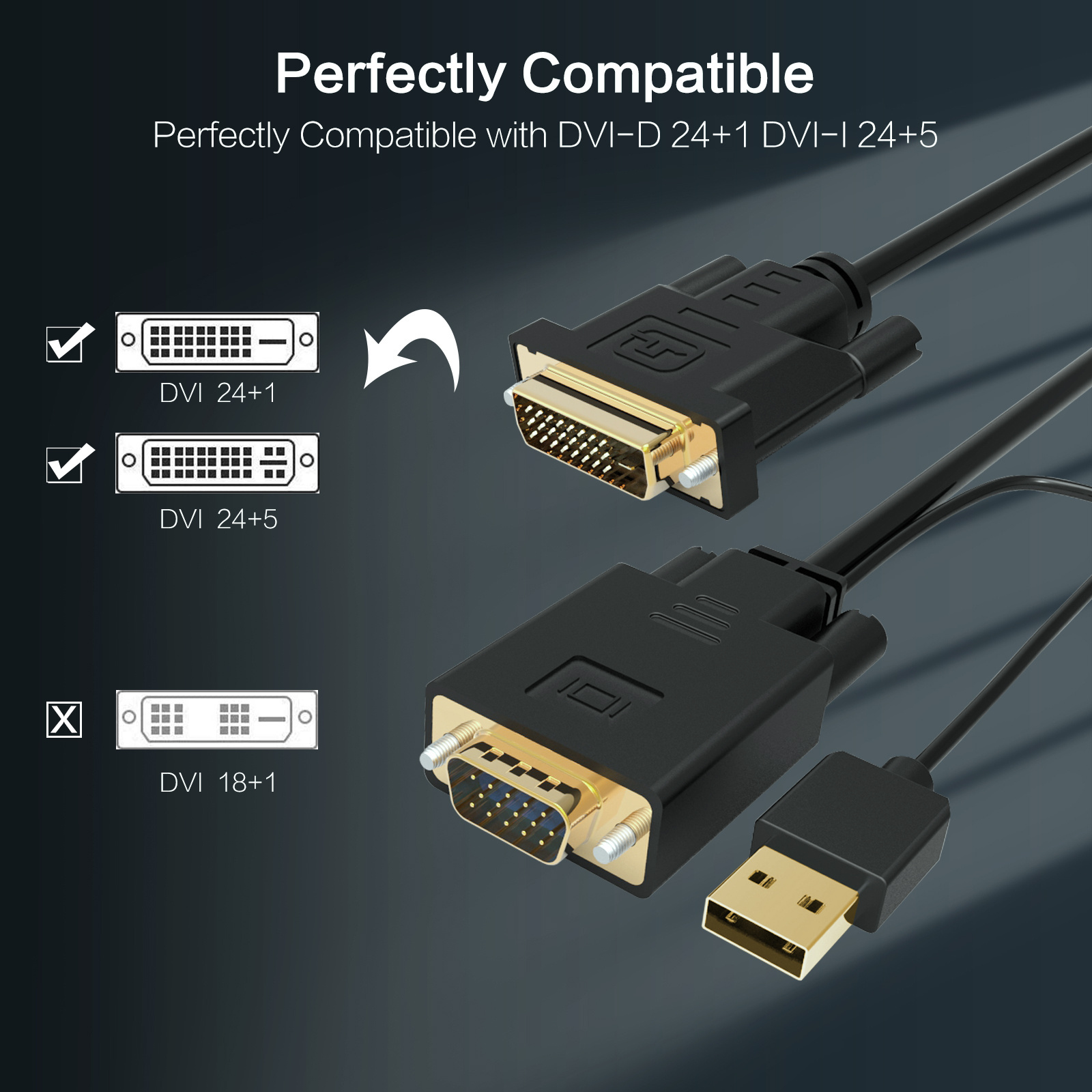 1.8m Gold Plated 1080P VGA to DVI D 24+1 Converter Adapter Cable with USB Power Supply for Projector Desktop