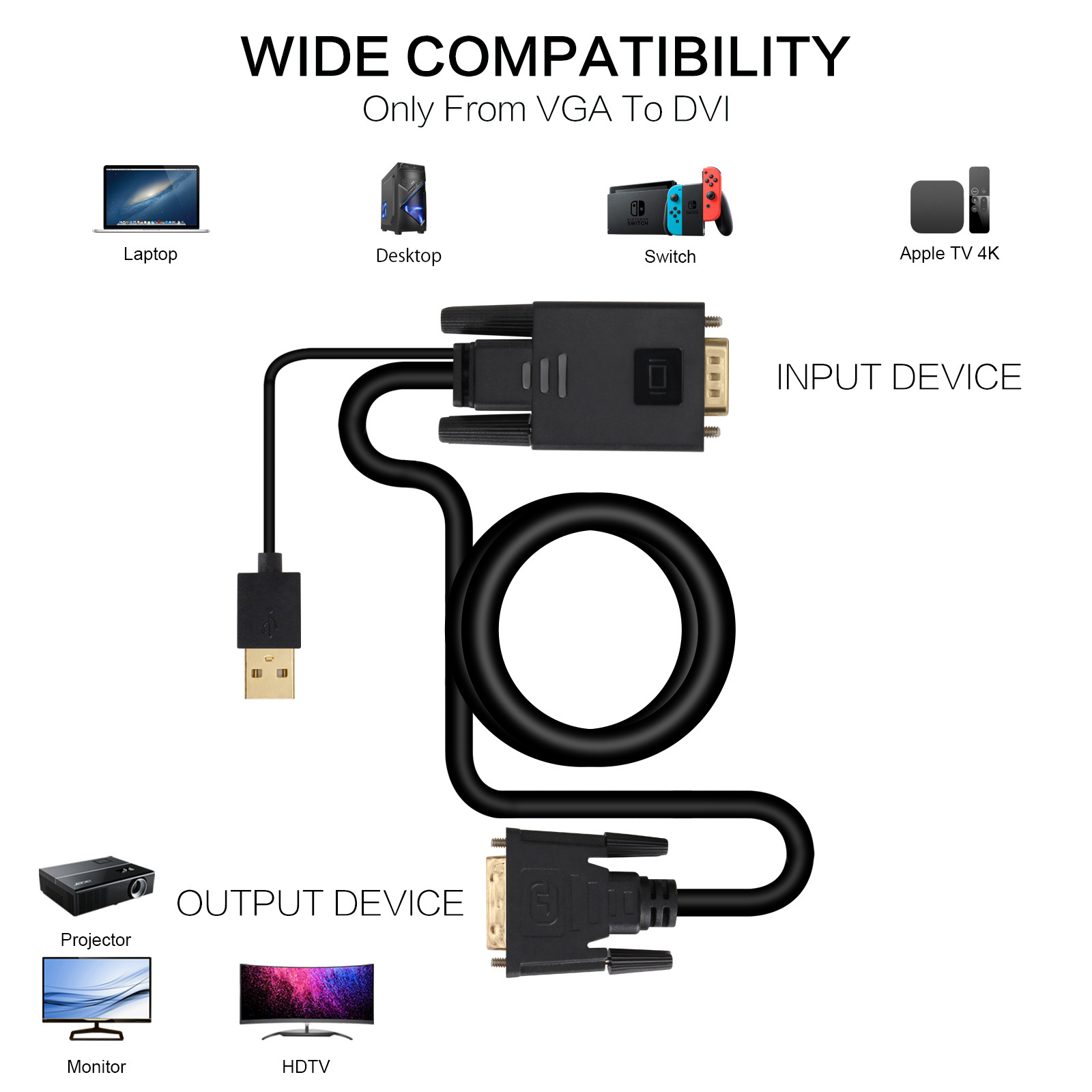 1.8m Gold Plated 1080P VGA to DVI D 24+1 Converter Adapter Cable with USB Power Supply for Projector Desktop