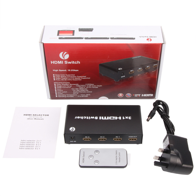 HDMI Switch High Speed HDMI 1.4V Splitter 3x1 3 In 1 Out Ultra HD with Remote Controller Infrared Cable HDMI Switcher