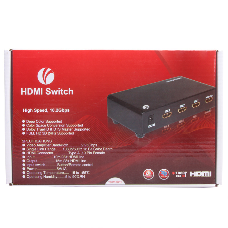 HDMI Switch High Speed HDMI 1.4V Splitter 3x1 3 In 1 Out Ultra HD with Remote Controller Infrared Cable HDMI Switcher