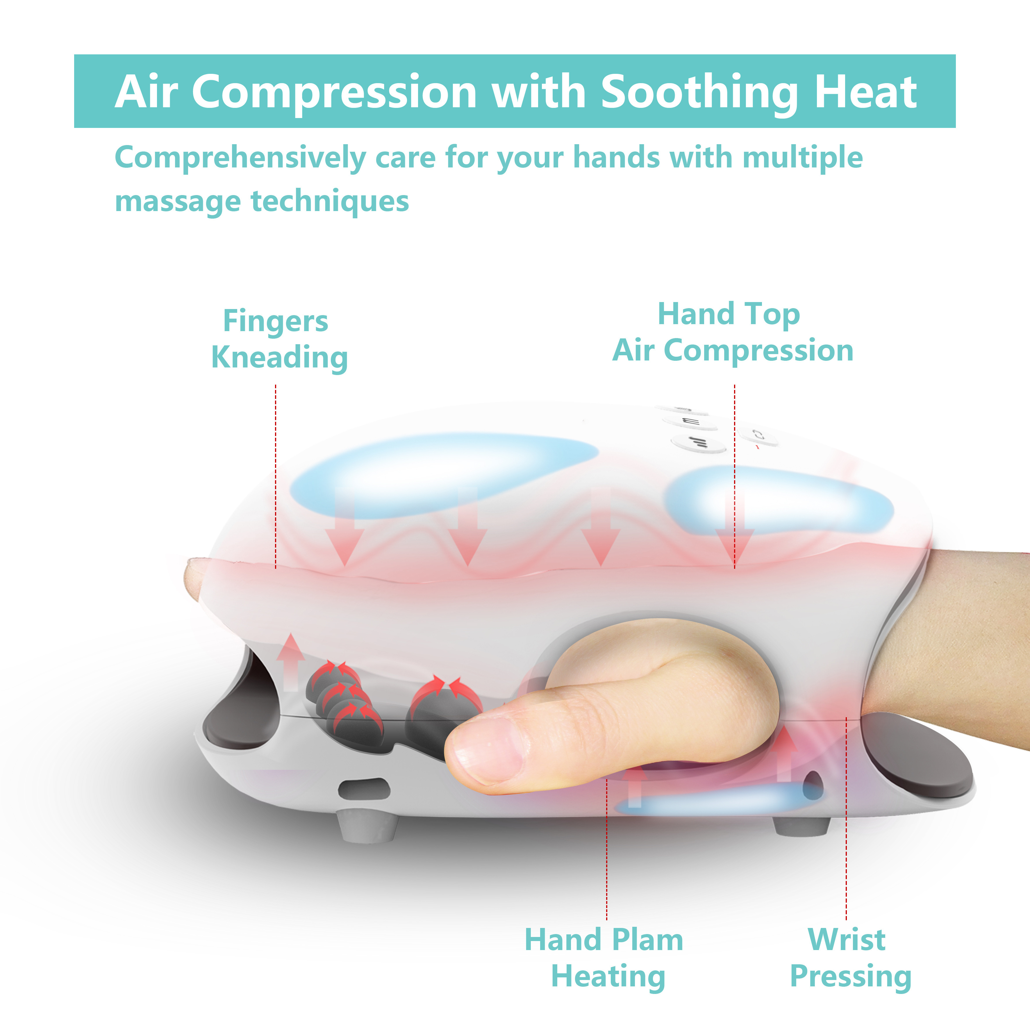 Electronic heated shiatsu plus air pressure machine electric vibrating finger small cordless hand massager