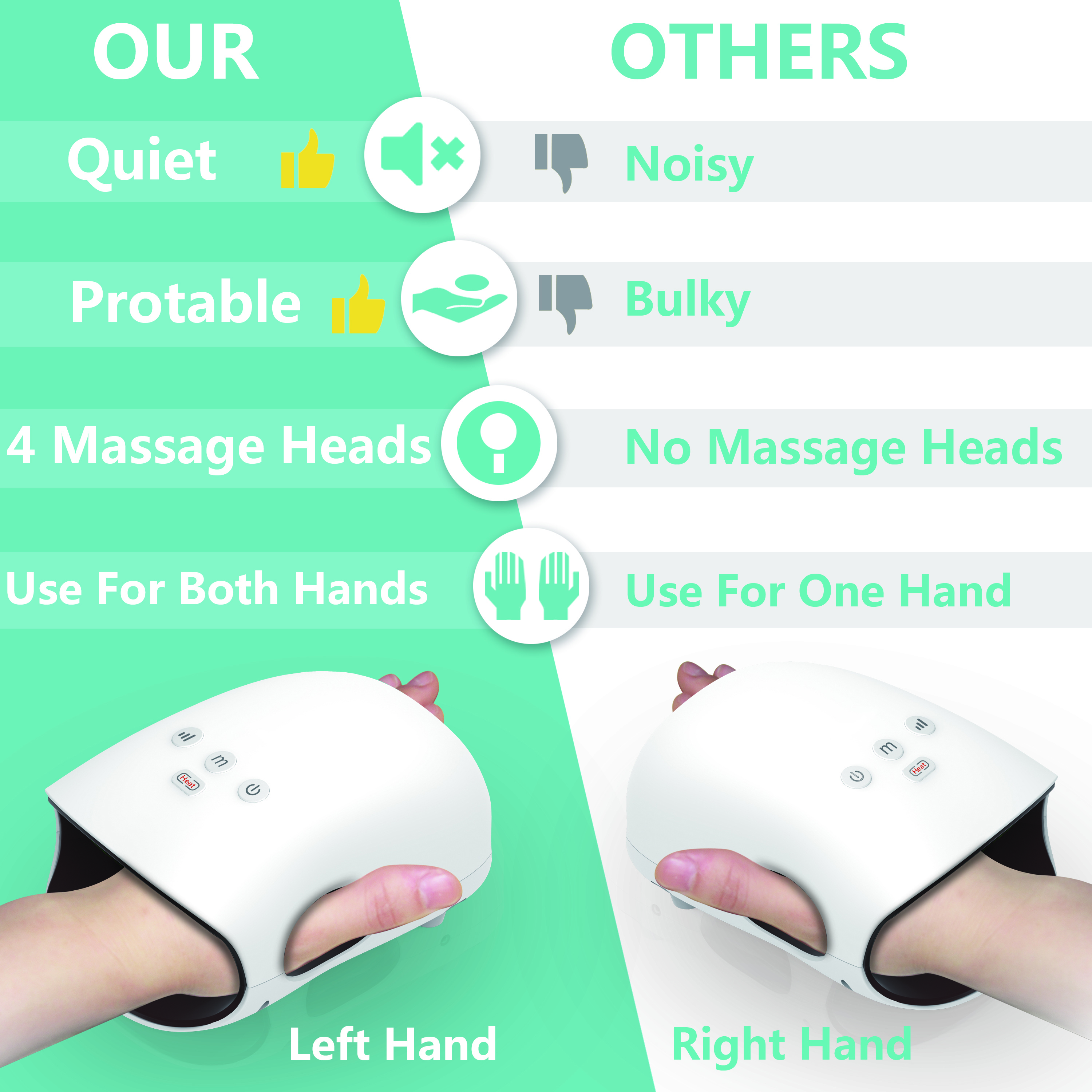 Electronic heated shiatsu plus air pressure machine electric vibrating finger small cordless hand massager