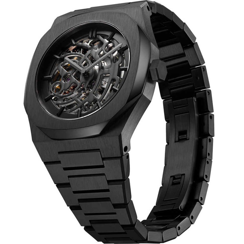 OEM Stainless steel chain black color wrist watch automatic skeleton custom logo mens mechanical watches men wrist