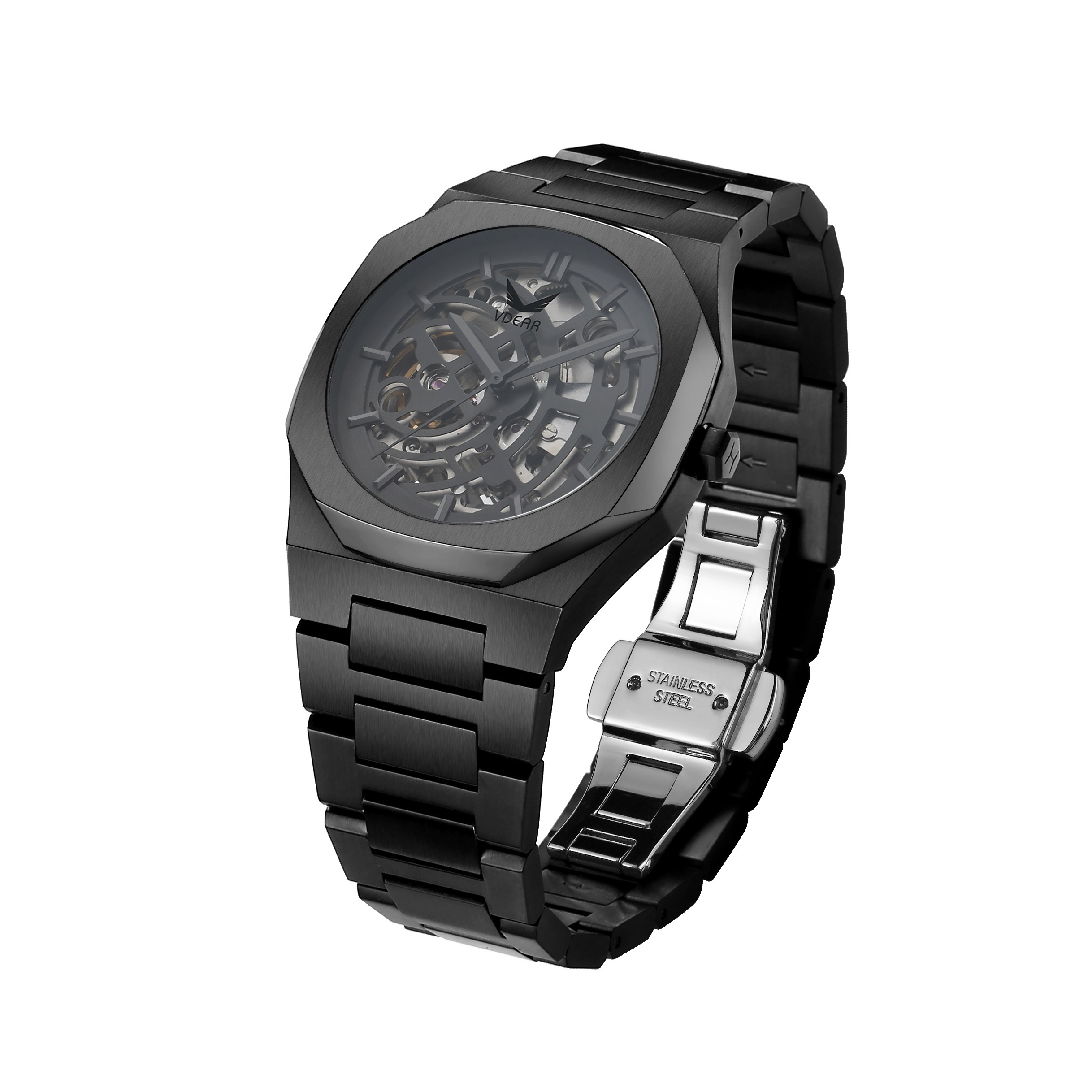 OEM Stainless steel chain black color wrist watch automatic skeleton custom logo mens mechanical watches men wrist