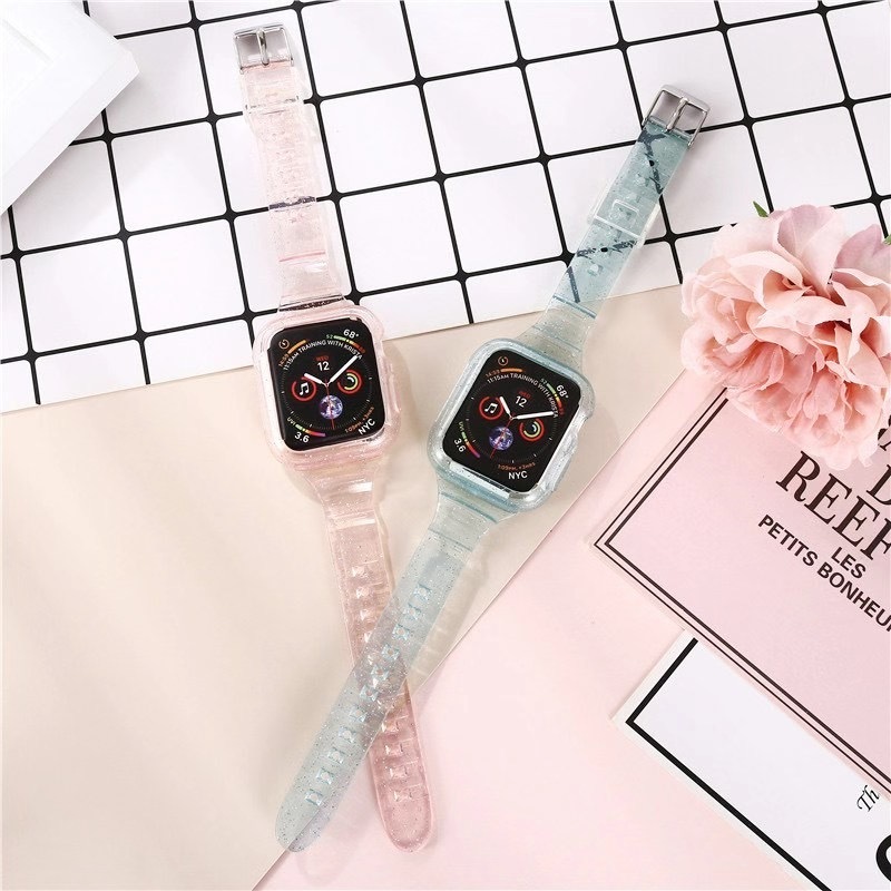 Bling Glitter Crystal Clear Transparent Slim Thin Narrow Small Replacement Strap For Apple iWatch Bands Series 6 5 4 3 2 1