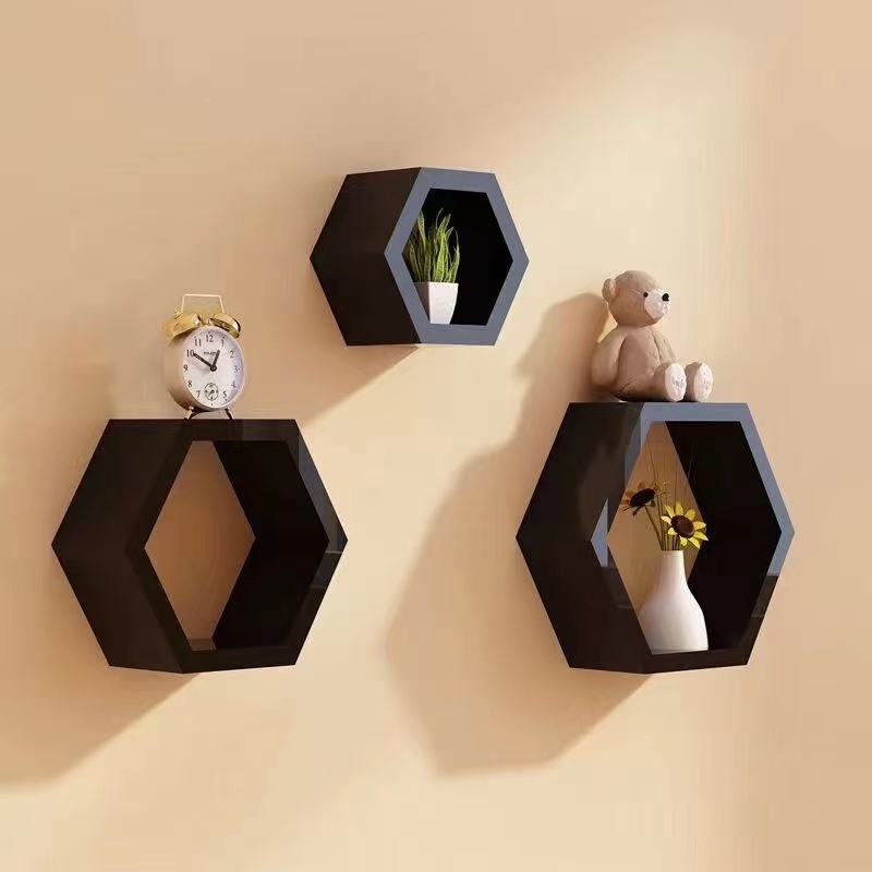 3pcs/set Open Hexagon Bookcase Wall Mounted Bedroom Wall Shelf Organizer Floating Shelves for Wall Storage