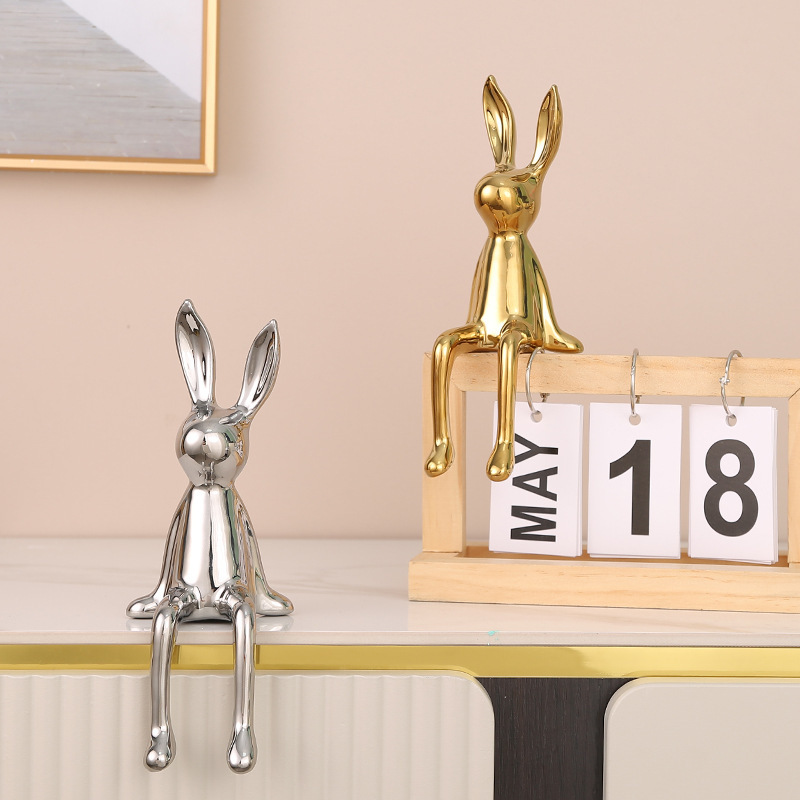 Creative Home Art Ornament Plated Ceramic Seated Rabbit Craft Ornament For Living Room Desktop Decoration