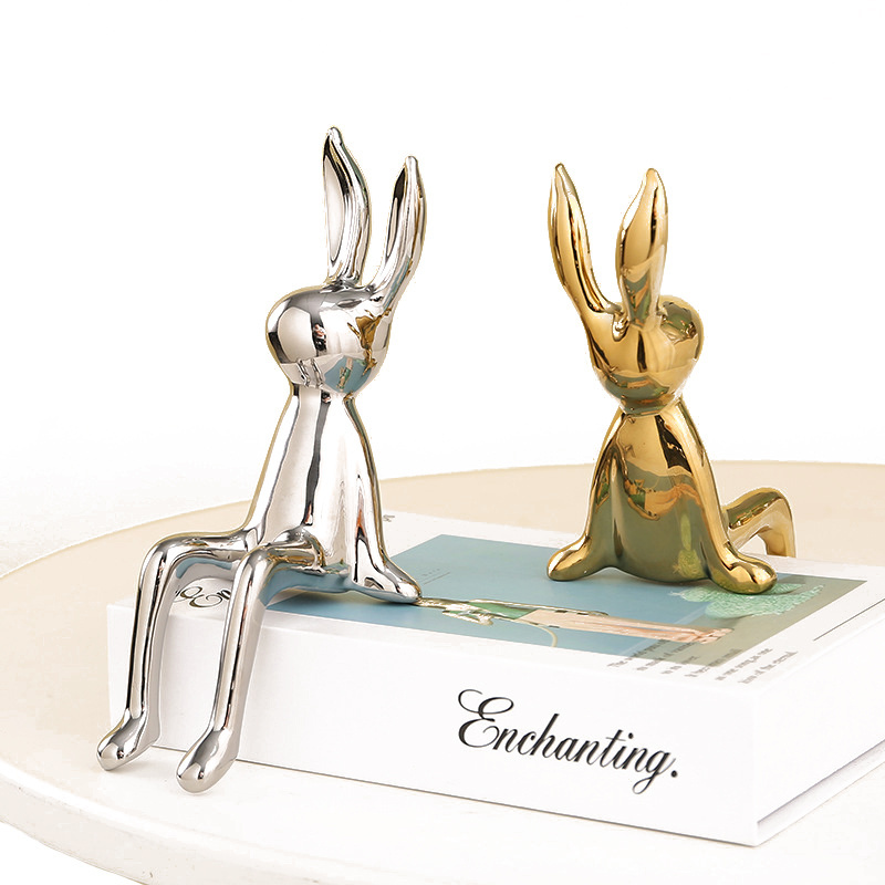 Creative Home Art Ornament Plated Ceramic Seated Rabbit Craft Ornament For Living Room Desktop Decoration