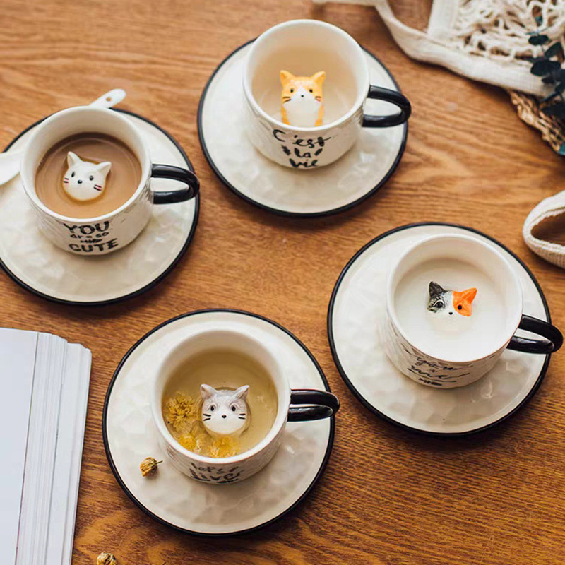 200ml Creative Cute Handmade 3D Cat Coffee Mugs With Tray Ceramic Funny Cartoon Animal Tea Milk Cups