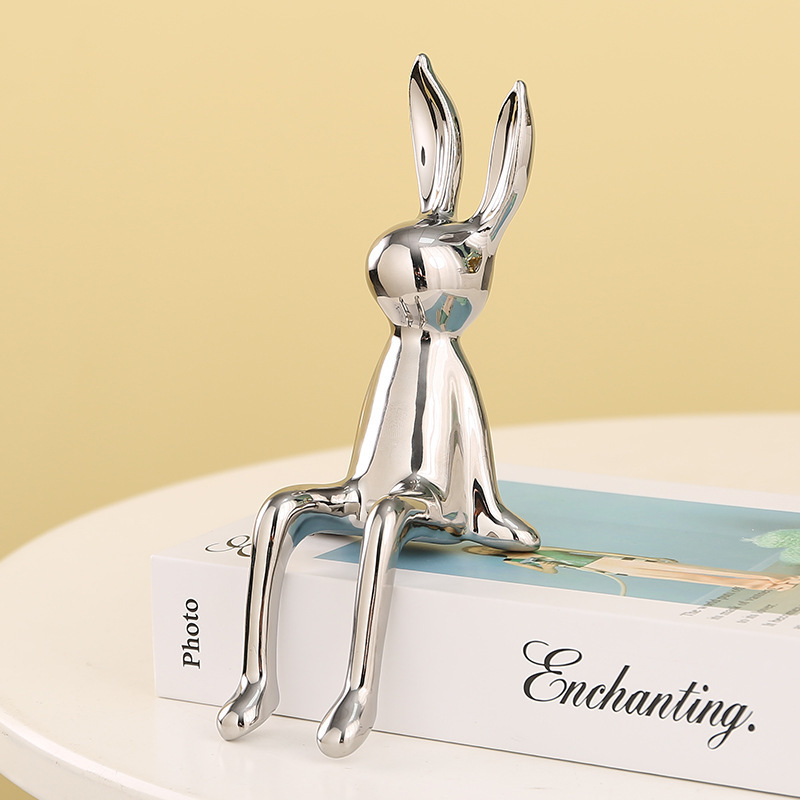 Creative Home Art Ornament Plated Ceramic Seated Rabbit Craft Ornament For Living Room Desktop Decoration