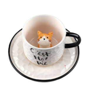 200ml Creative Cute Handmade 3D Cat Coffee Mugs With Tray Ceramic Funny Cartoon Animal Tea Milk Cups