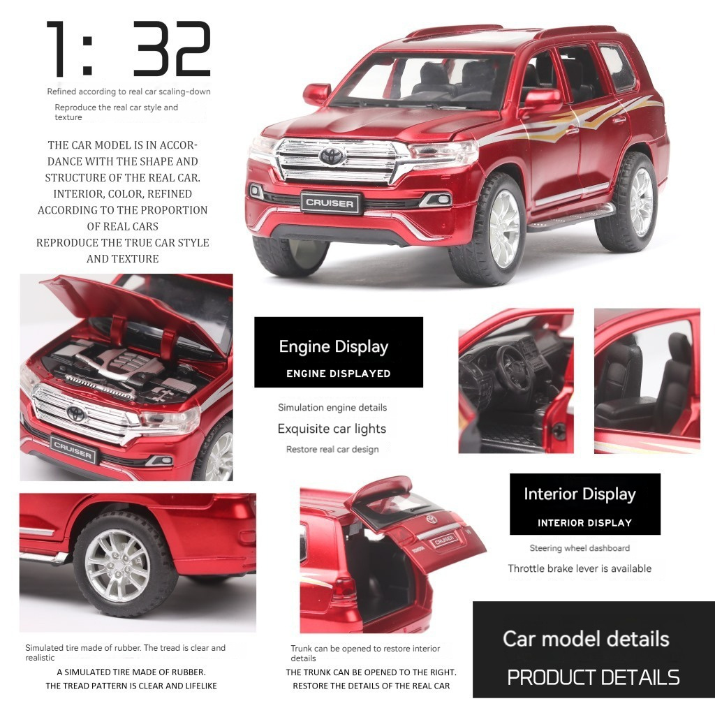 1:32 scale model car Toyota CRUISER alloy car with sound and light pullback decorate ornament doors open Modelo del coche