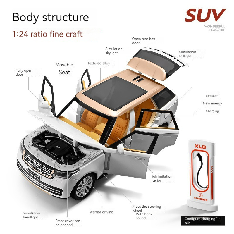 1:24 diecast model car 2023 Range Rover SUV with sound and light pullback doors open decorate collect metal model car toys