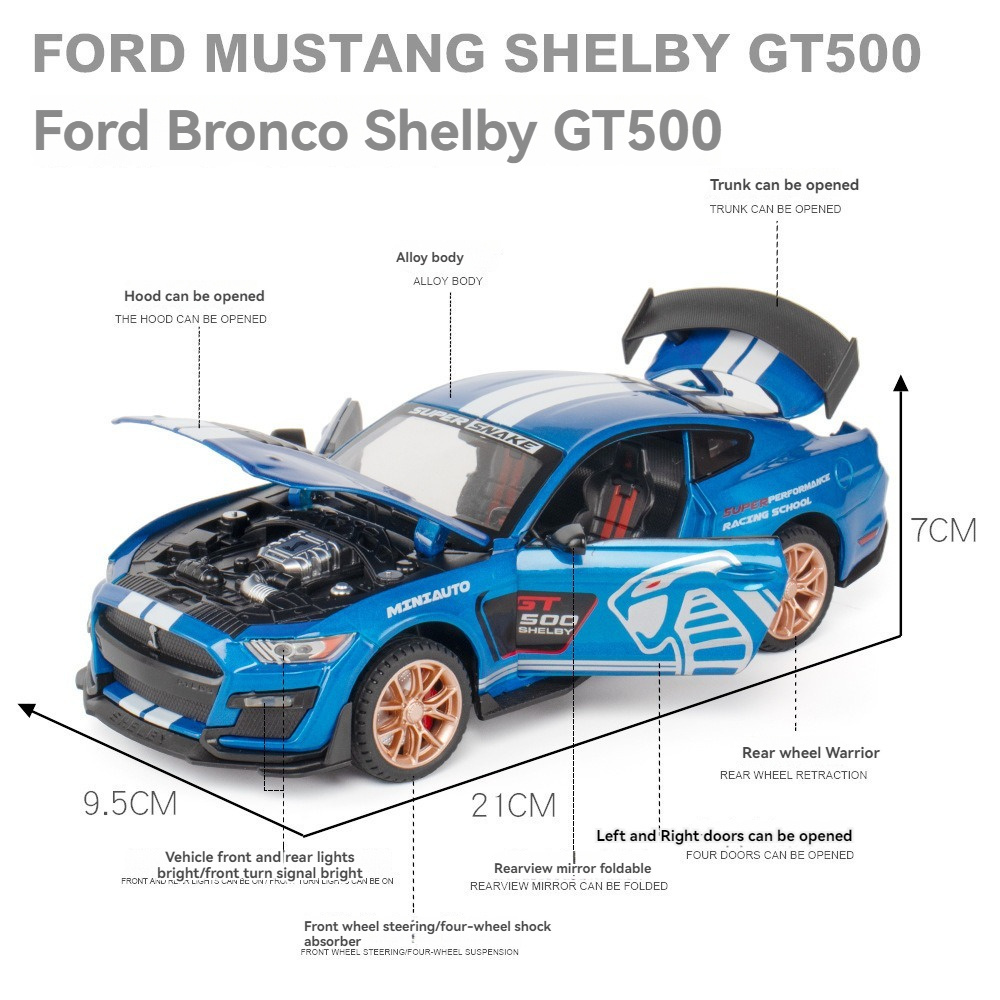 diecast model car 1:24 Ford Mustang Shelby GT500  with sound and light pullback metal car model toys ornament decorate car model