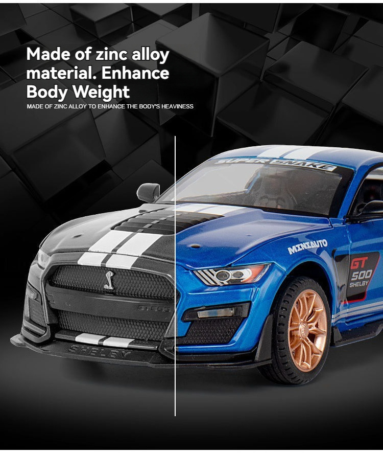 diecast model car 1:24 Ford Mustang Shelby GT500  with sound and light pullback metal car model toys ornament decorate car model