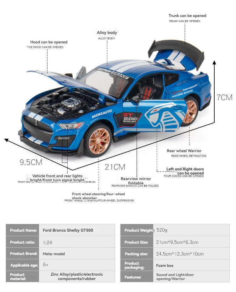 diecast model car 1:24 Ford Mustang Shelby GT500  with sound and light pullback metal car model toys ornament decorate car model