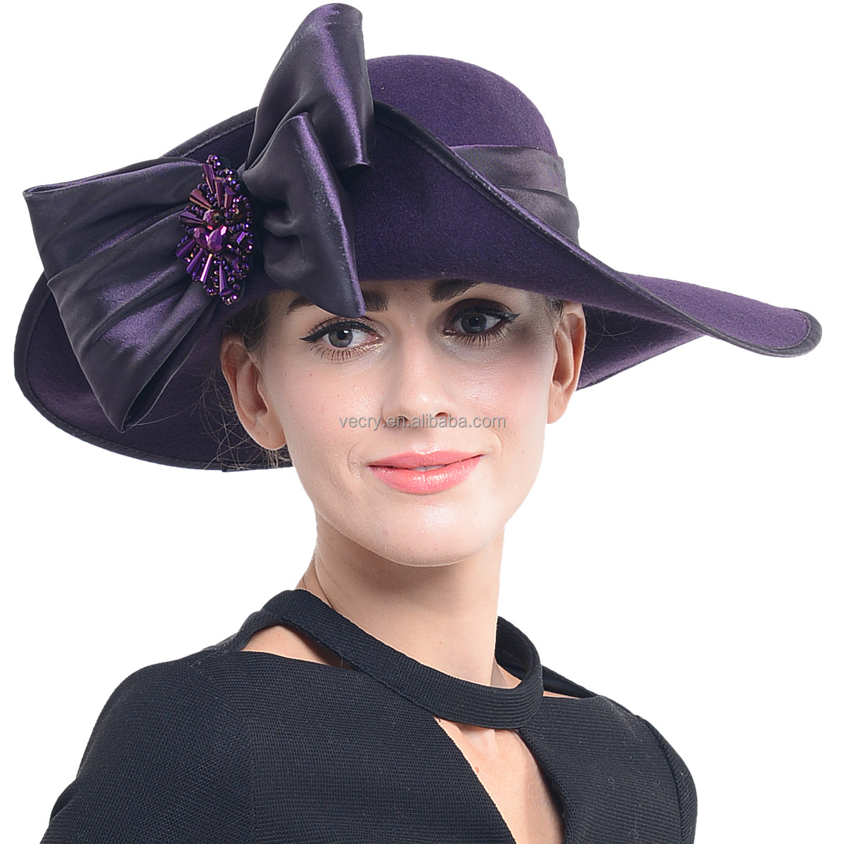 Elegant Women Dress Party Wool Cloche Felt Hats for Fall Winter Church Hats Lady Formal Winter Hat with Rhinestones