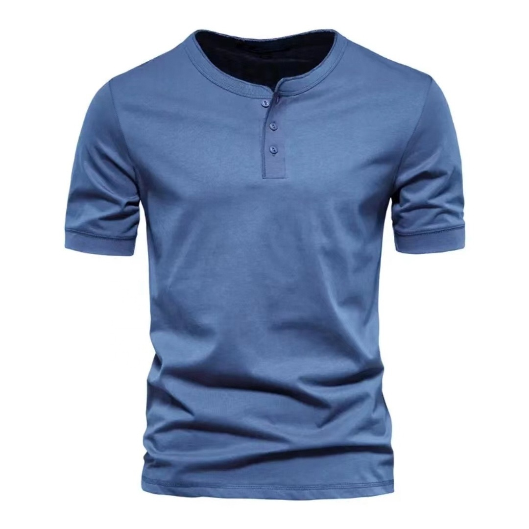 US Size Men's Round Neck Bamboo Cotton 210GSM Button Up Short Sleeved T-shirt Leisure Fit Sports Running Henley T Shirt