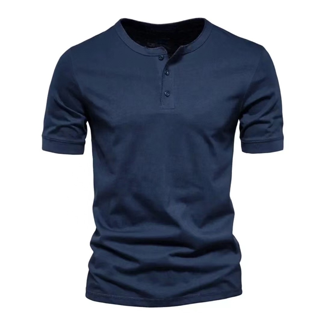 US Size Men's Round Neck Bamboo Cotton 210GSM Button Up Short Sleeved T-shirt Leisure Fit Sports Running Henley T Shirt