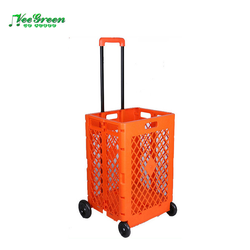 Foldable Rolling Crate with Wheels, Folding Heavy Duty Collapsible Basket with Telescopic Handle, 66 lbs Capacity Rolling Cart