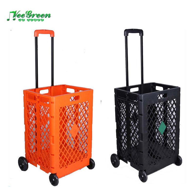 Foldable Rolling Crate with Wheels, Folding Heavy Duty Collapsible Basket with Telescopic Handle, 66 lbs Capacity Rolling Cart