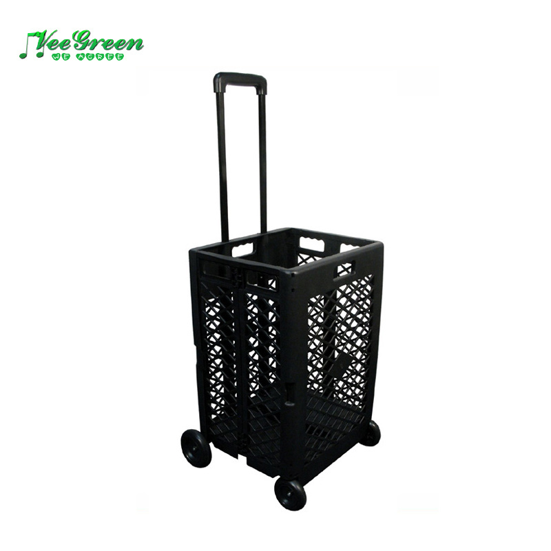 Foldable Rolling Crate with Wheels Folding Heavy Duty Collapsible Basket with Telescopic Handle 66 lbs Capacity Rolling Cart