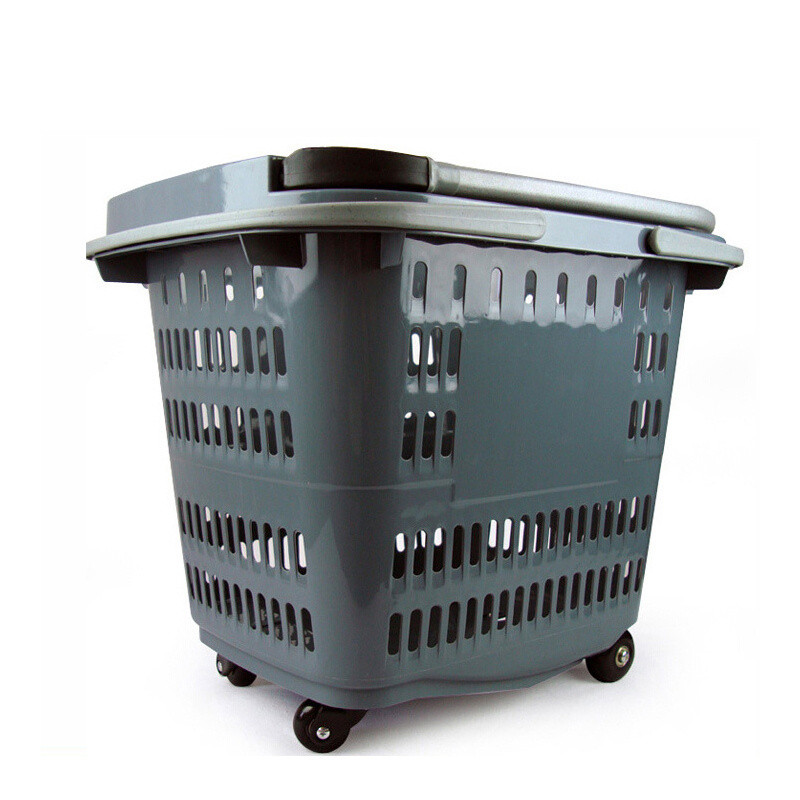 Plastic Retail Grocery Basket Cart With Wheels Shopping Basket Supermarket Trolley