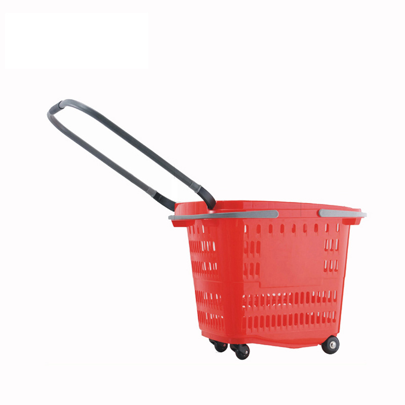 Plastic Retail Grocery Basket Cart With Wheels Shopping Basket Supermarket Trolley