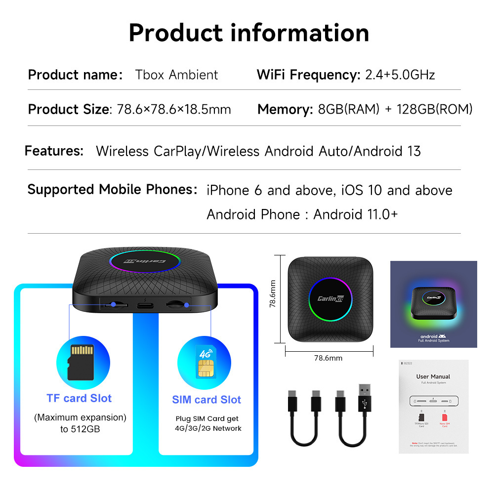 Carlinkit Android Auto 13 Car play 8g 128Gb Up To 512Gb carlink 8 128 Wireless Ai Box carplay Netflix Youtube Tiktok For Apple