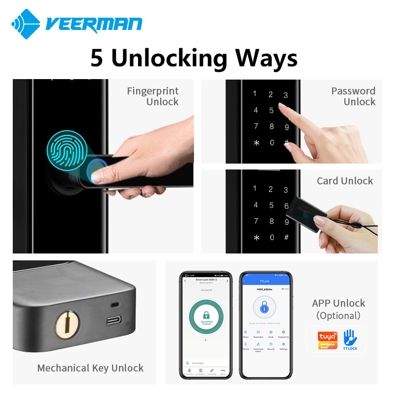 Tuya App Wifi Biometric Fingerprint Card Keyless Cerraduras House Hotel Gate Aluminum Metal Door Smart Door Lock