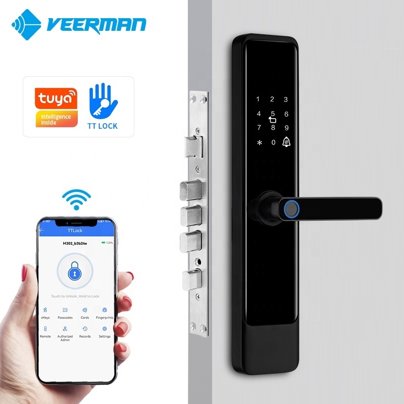 Tuya App Wifi Biometric Fingerprint Card Keyless Cerraduras House Hotel Gate Aluminum Metal Door Smart Door Lock