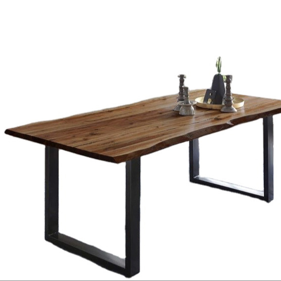 high quality acacia wood top with iron legs natural finish dining table for cafe & restaurant and dining furniture