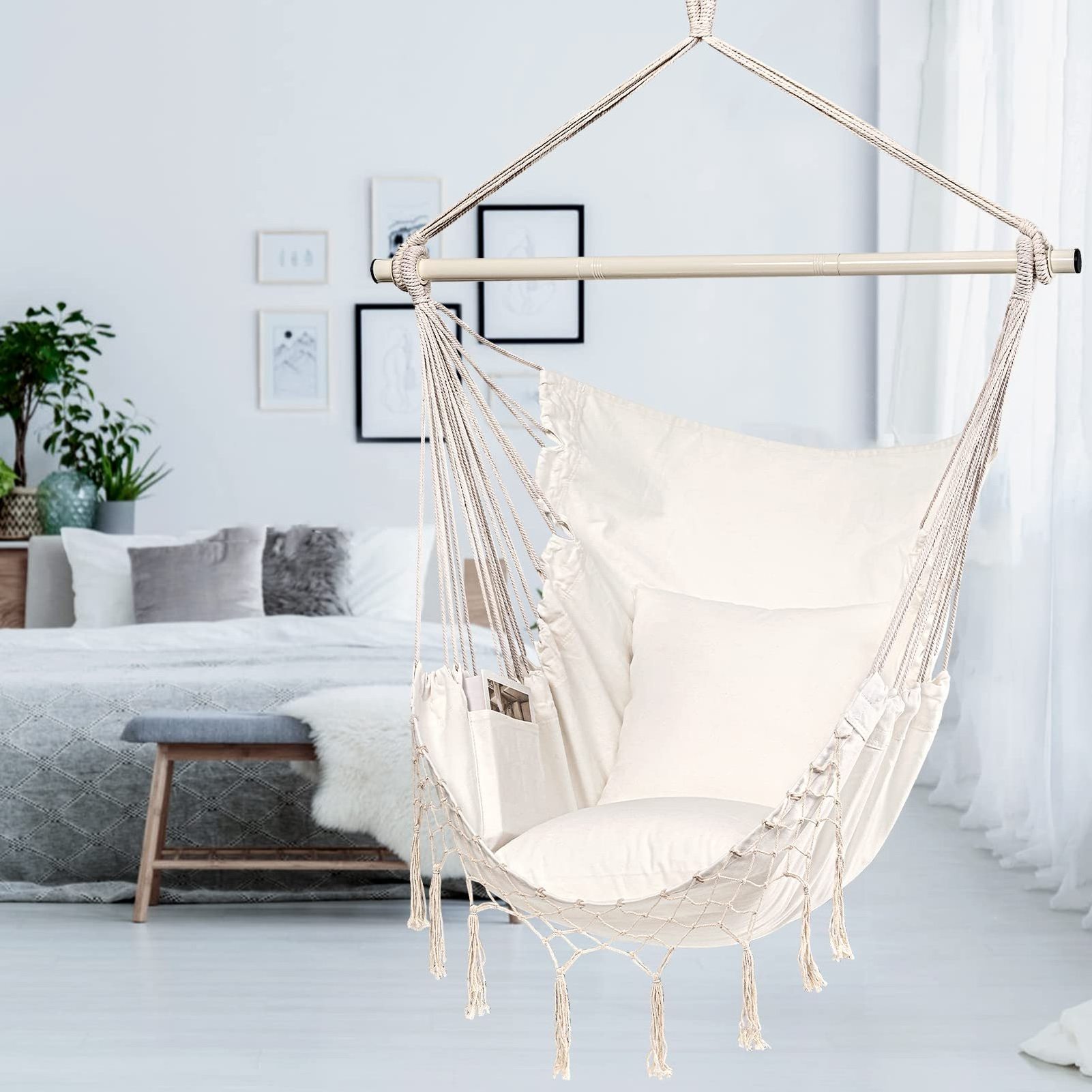 Backyard bedroom swing indoor Hammock Chair Beige Hanging Chair Swing Rope Chair outdoor swing bed for adults with Macrame