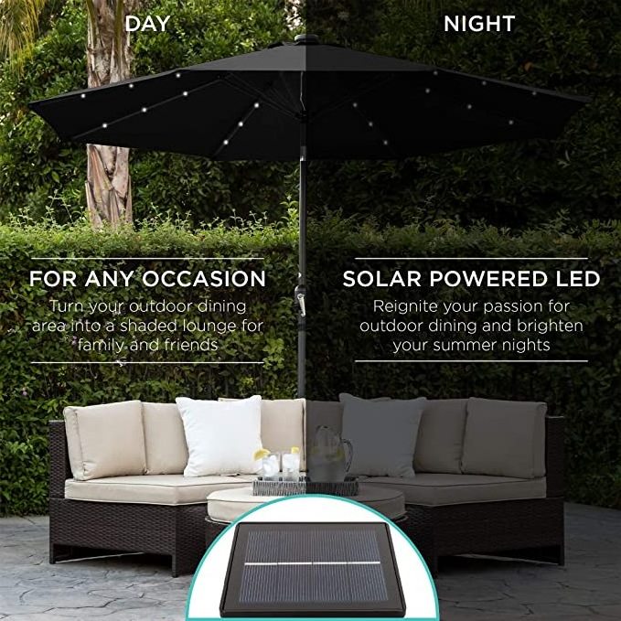 10ft Solar Powered Aluminum Polyester LED Lighted Patio Umbrella w/Tilt Adjustment and Fade-Resistant Fabric - Black