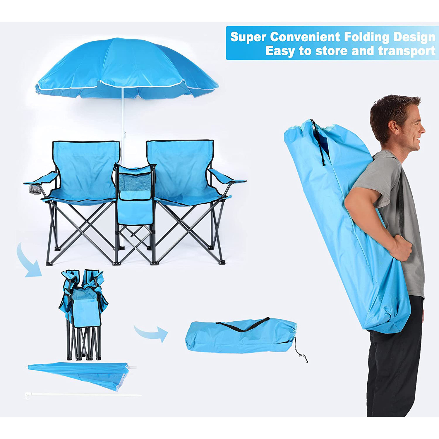 Portable Double camping chair outdoor windproof fold up chair camping chair with table and umbrella