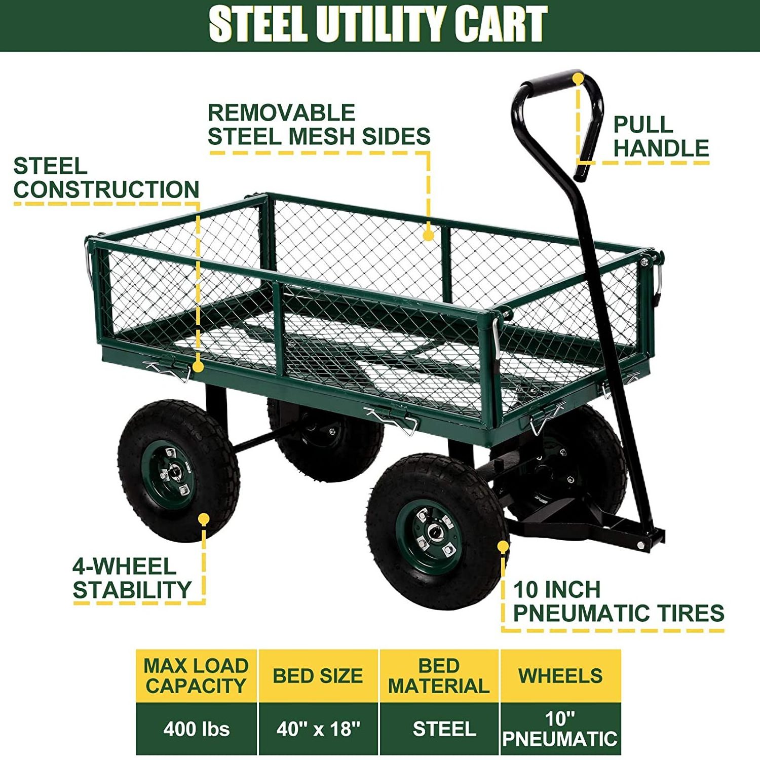 Garden Wagon Cart Heavy Duty Steel Utility Yard Dump Lawn Outdoor Utility Cart Camping Wagon with Removable Sides with Wheels