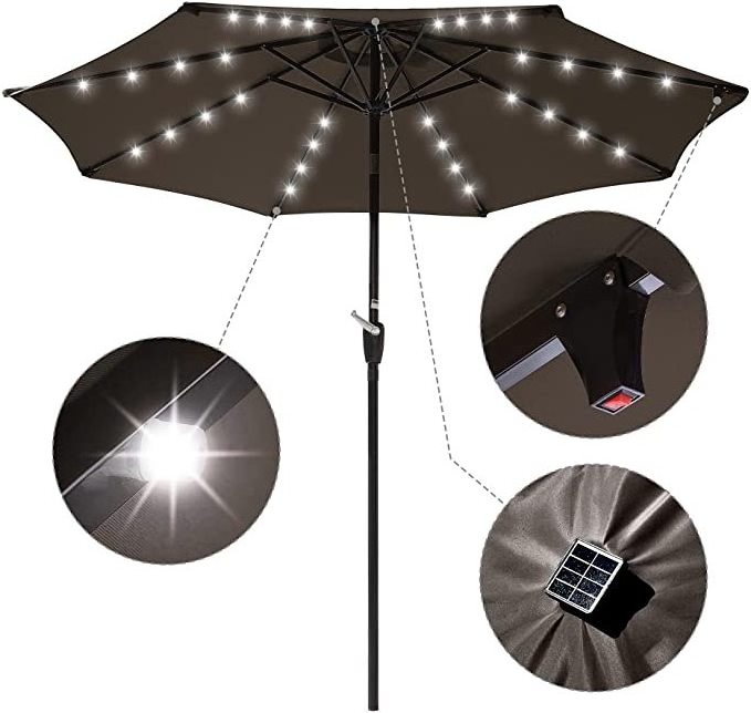 Aluminum Polyester LED Lighted Patio Table Market Beach Umbrella with Tilt and Crank