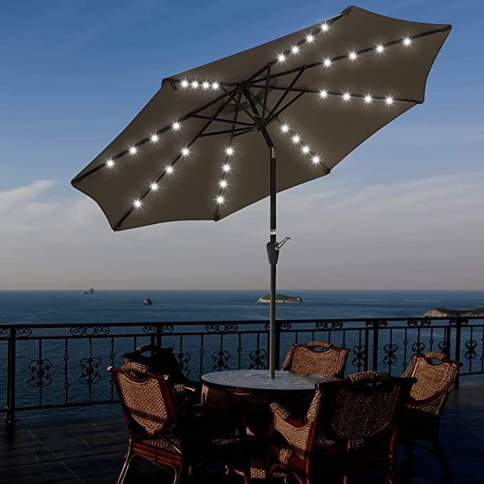 Aluminum Polyester LED Lighted Patio Table Market Beach Umbrella with Tilt and Crank