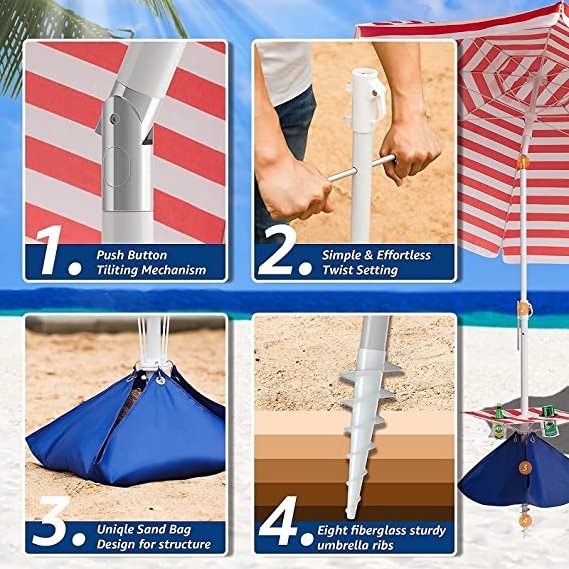 Beach Umbrella with Cup Holder and Sand Bags Portable Outdoor Heavy Duty Sunshade Umbrella with Sand Anchor & Tilt System