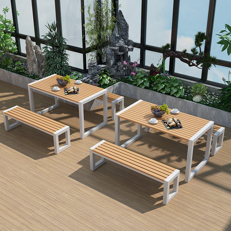 Outdoor dining table park plastic wood table and chair patio bench garden balcony popular design table and chair sets