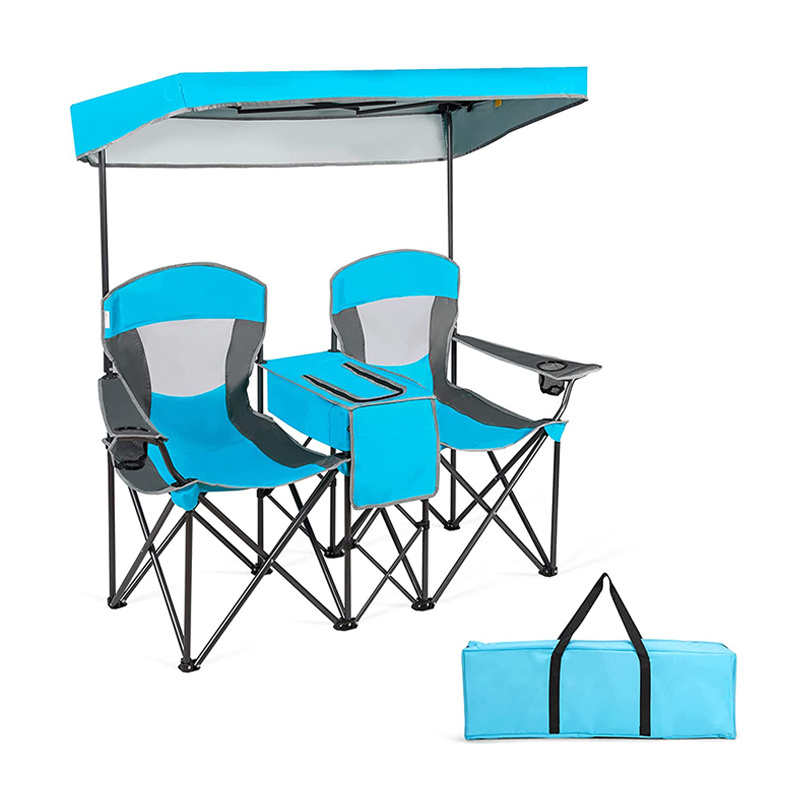 Foldable Double Lawn Chair Fishing Picnic Camping Chair Portable Beach Chair with Adjustable Shade Canopy Cooler Bag