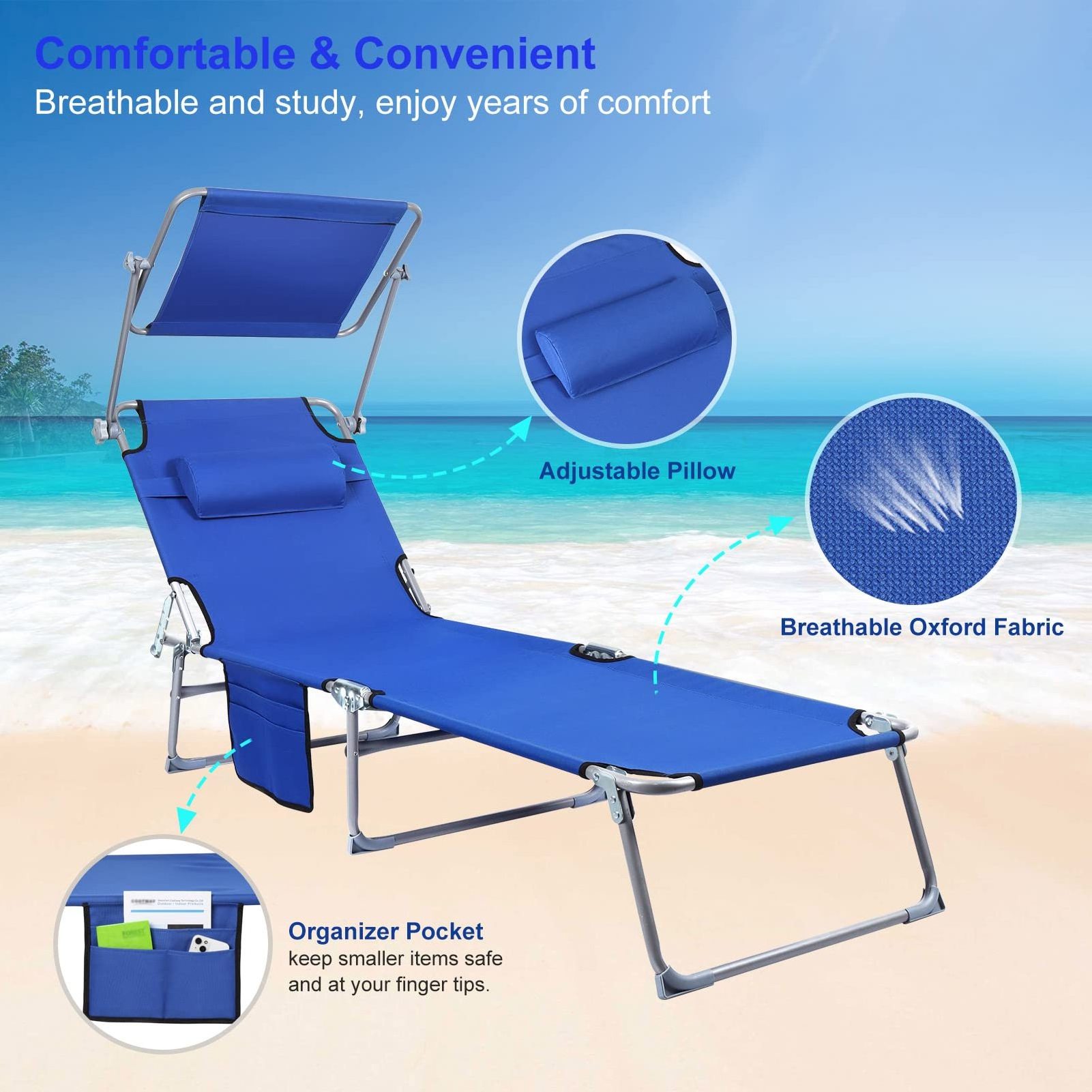 360 Rotatable Canopy Shade Outdoor Folding Chaise Lounge Beach Lounge Chairs Portable Lightweight Sun Lounger